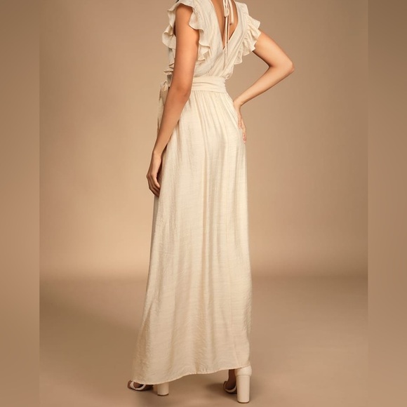 Lulus Pleasant Days Beige Ruffled Surplice Tie-Back Maxi Dress - Picture 2 of 8